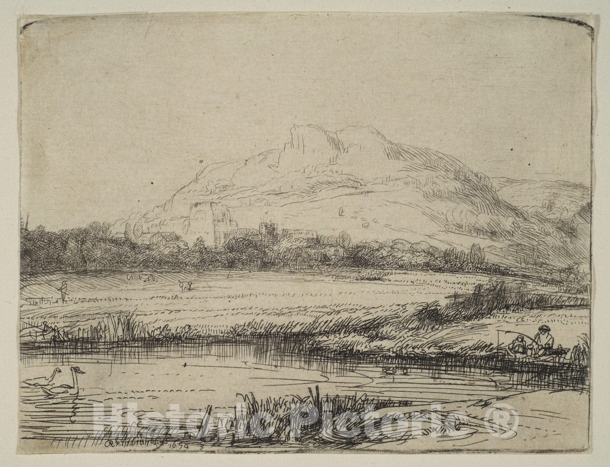 Art Print : Rembrandt (Rembrandt Van Rijn) - Canal with an Angler and Two Swans : Vintage Wall Art