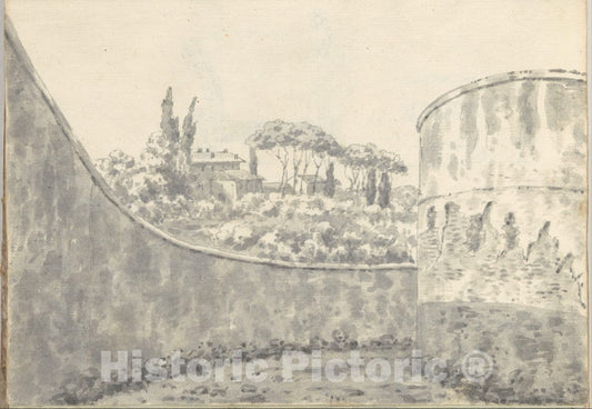 Art Print : Joseph Wright (Wright of Derby) - Landscape with a Curved Wall, Round Tower and Distant Villa (Smaller Italian Sketchbook, Leaf 8 Recto) : Vintage Wall Art
