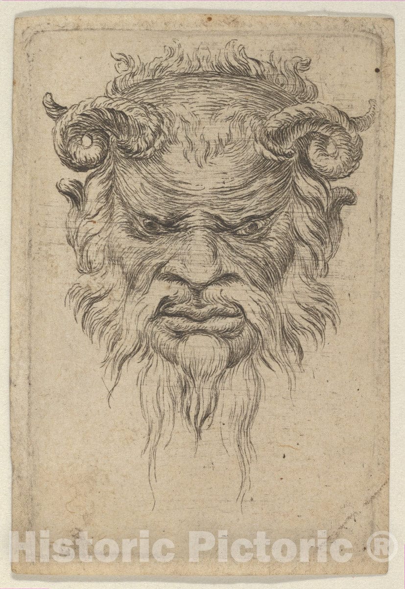 Art Print : François Chauveau - Satyr Mask with Curled Horns Looking Down, from Divers Masques : Vintage Wall Art