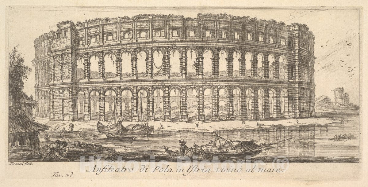 Art Print : Giovanni Battista Piranesi - Plate 23: Amphitheater of Pola in Istria Near The sea (Anfiteatro di Pola in Istria vicino al mare) : Vintage Wall Art