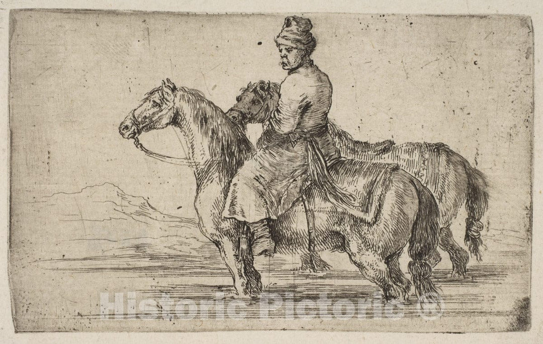 Art Print : Stefano Della Bella - A Polish Groom Bathing Horses : Vintage Wall Art