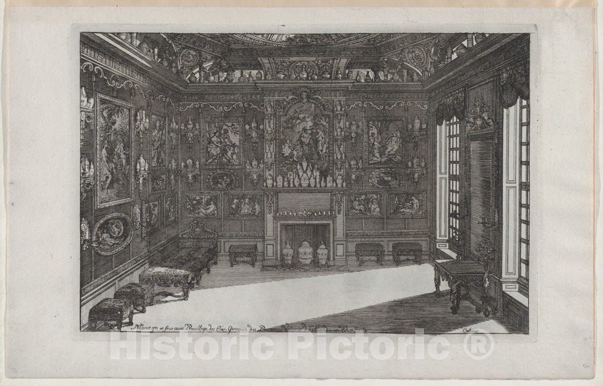 Art Print : Daniel Marot The Elder - Interior of a Porcelain Cabinet with Paintings and Vases, from Nouveaux Liure da Partements, Part of Œuvres du Sr. D. Marot : Vintage Wall Art