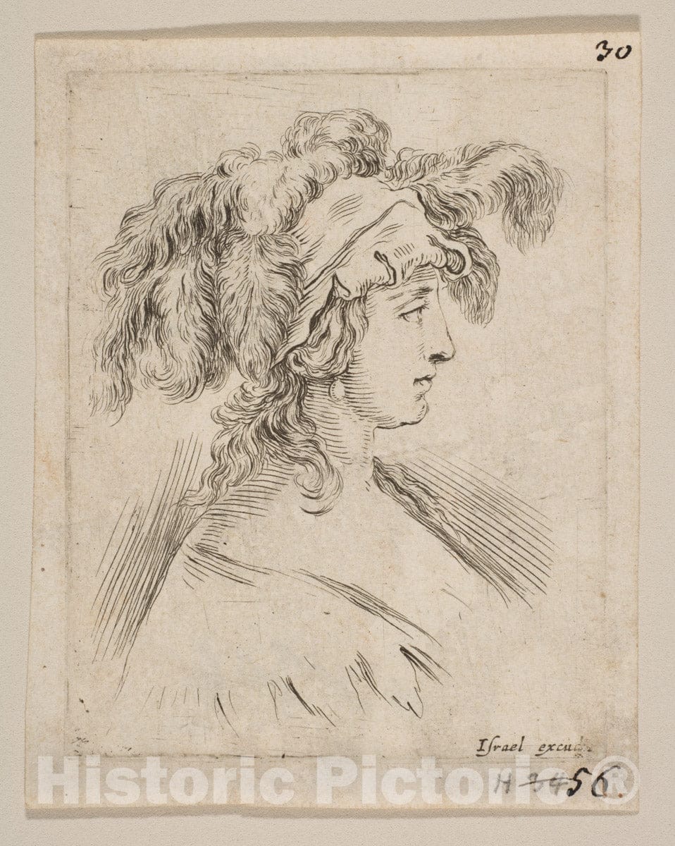 Art Print : Plate 15: mid-Bust of a Young Woman in Profile Wearing a hat Topped with Feathers - Artist: Stefano Della Bella - Created: c1649 : Vintage Wall Art