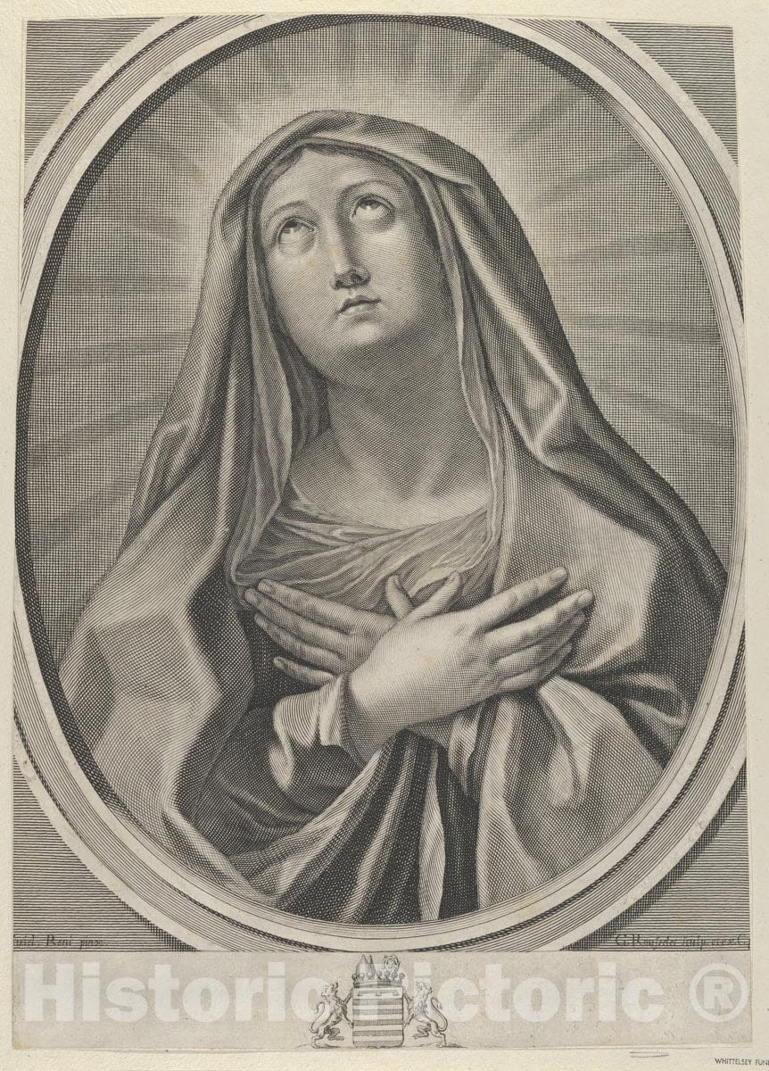 Art Print : Engraved by Gilles Rousselet - The Virgin with arms Crossed Over her Chest, Looking up to The Left, in an Oval Frame, After Reni : Vintage Wall Art
