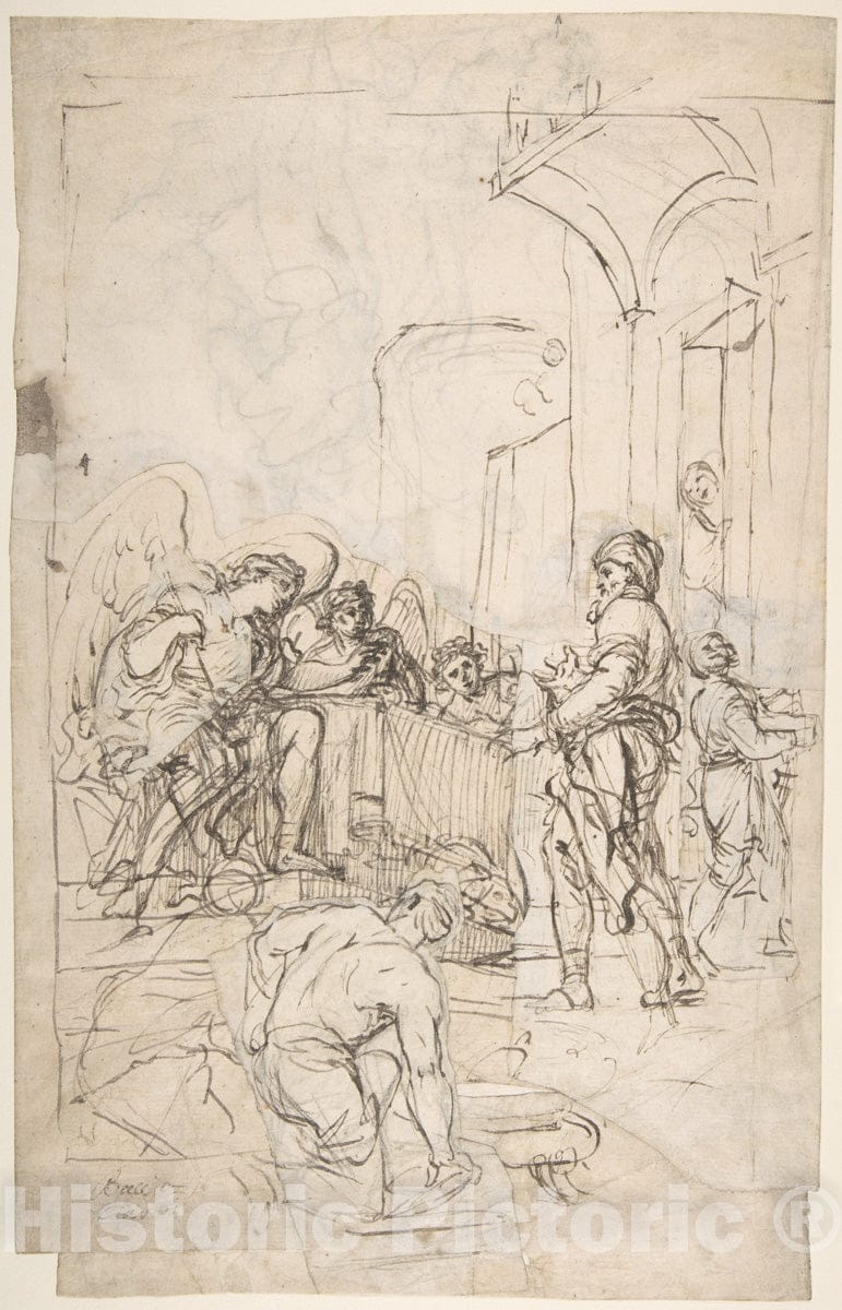 Art Print : Francesco Lamarra - Abraham Entertaining The Three Angels (Genesis 18:1-15) (Recto); A Couple Embracing, and Other (Verso) : Vintage Wall Art