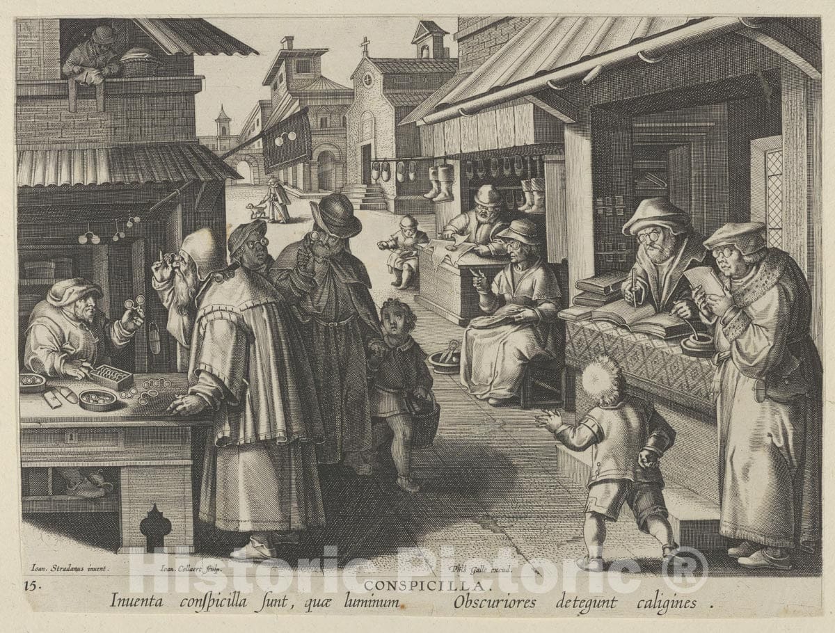 Art Print : Jan Collaert I - New Inventions of Modern Times Nova Reperta, The Invention of Eyeglasses, Plate 15 : Vintage Wall Art