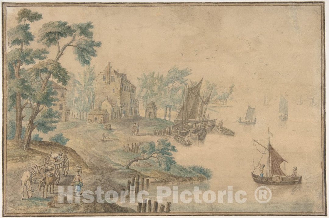 Art Print : Flemish, 18th Century - Landscape with Horses and Carts and a River at Right : Vintage Wall Art