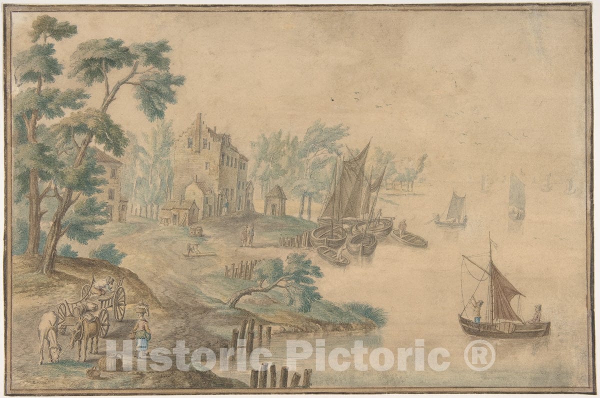 Art Print : Flemish, 18th Century - Landscape with Horses and Carts and a River at Right : Vintage Wall Art