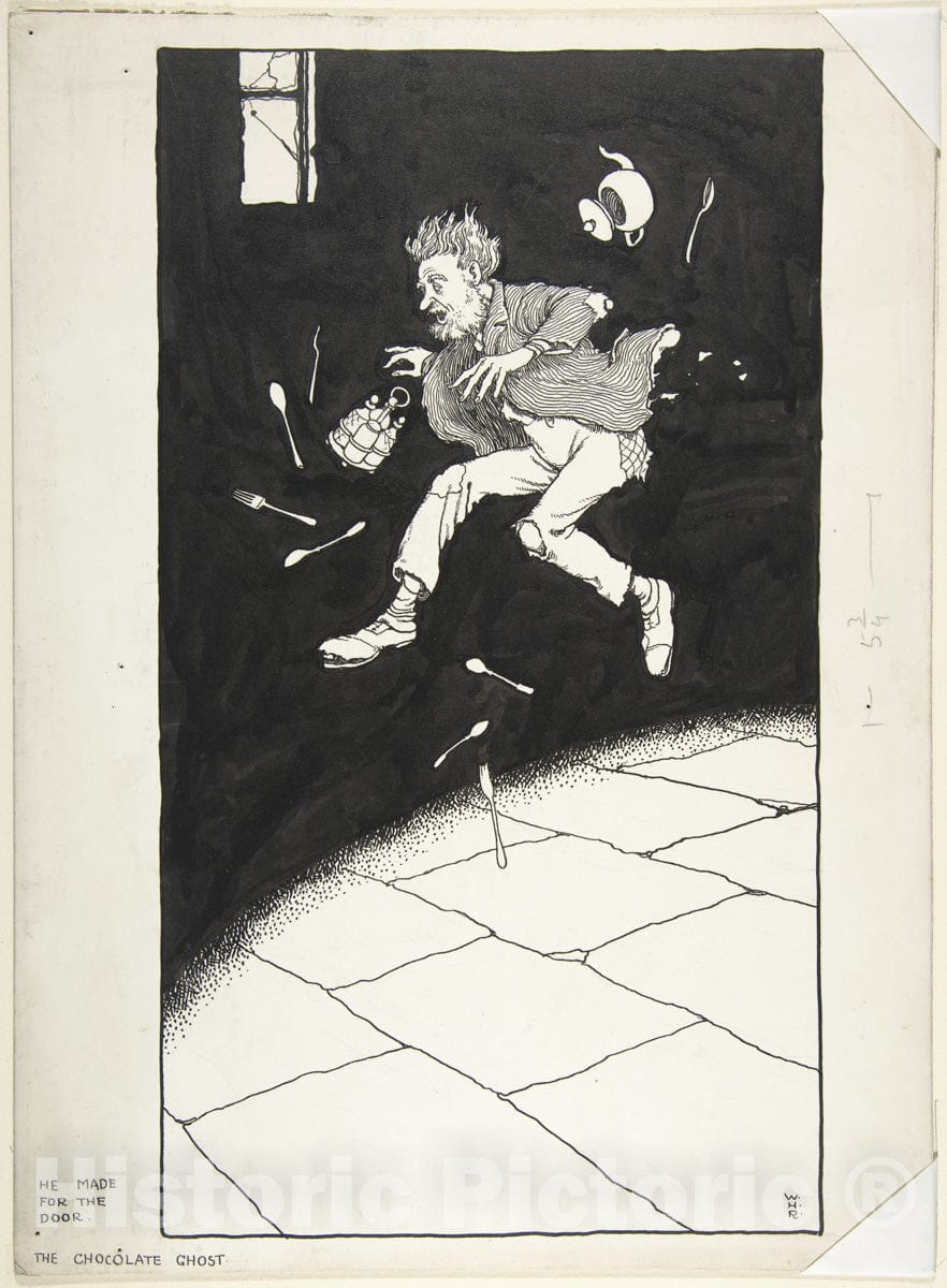 Art Print : William Heath Robinson - He Made for The Door: The Chocolate Ghost, Topsy-Turvy Tales : Vintage Wall Art