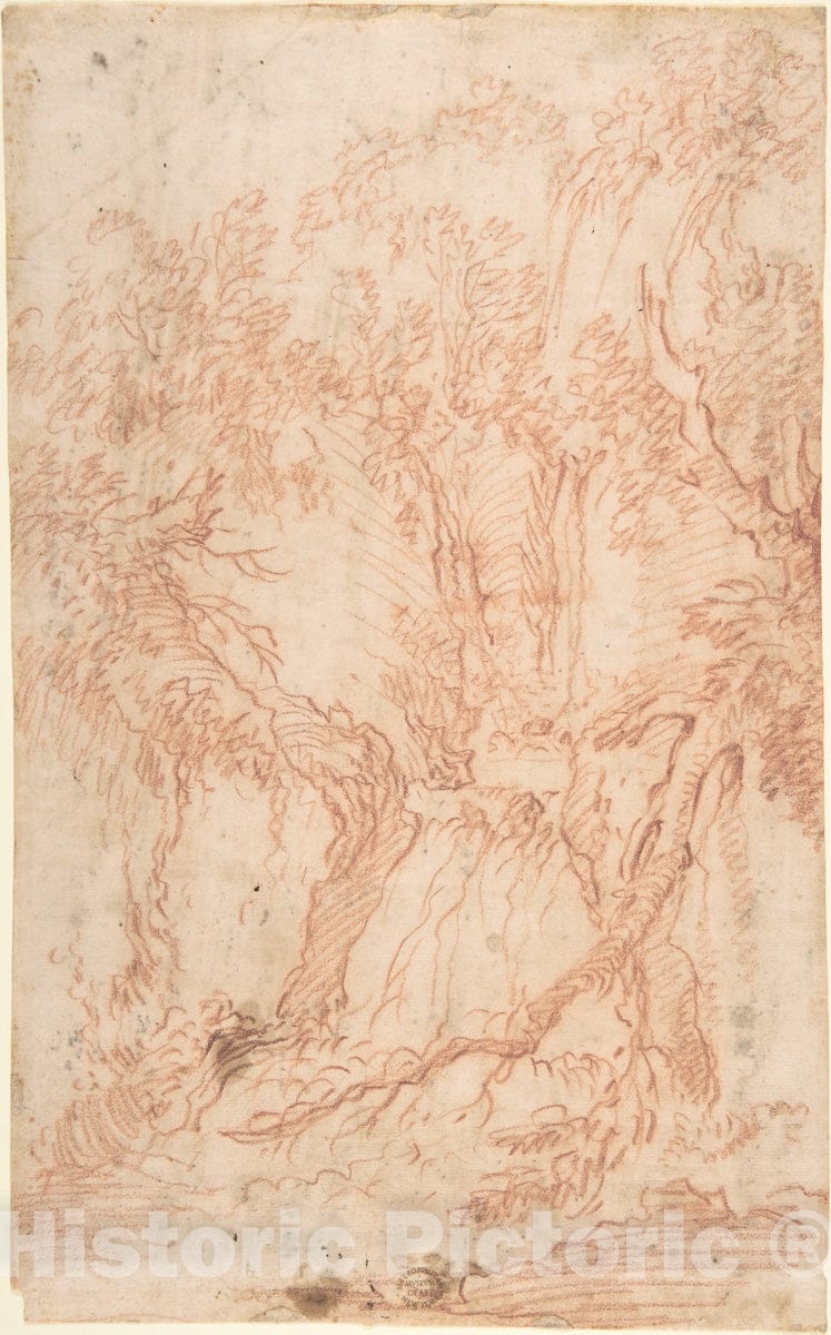 Art Print : Italian, Roman-Bolognese, 17th Century - Trees and Rocks : Vintage Wall Art