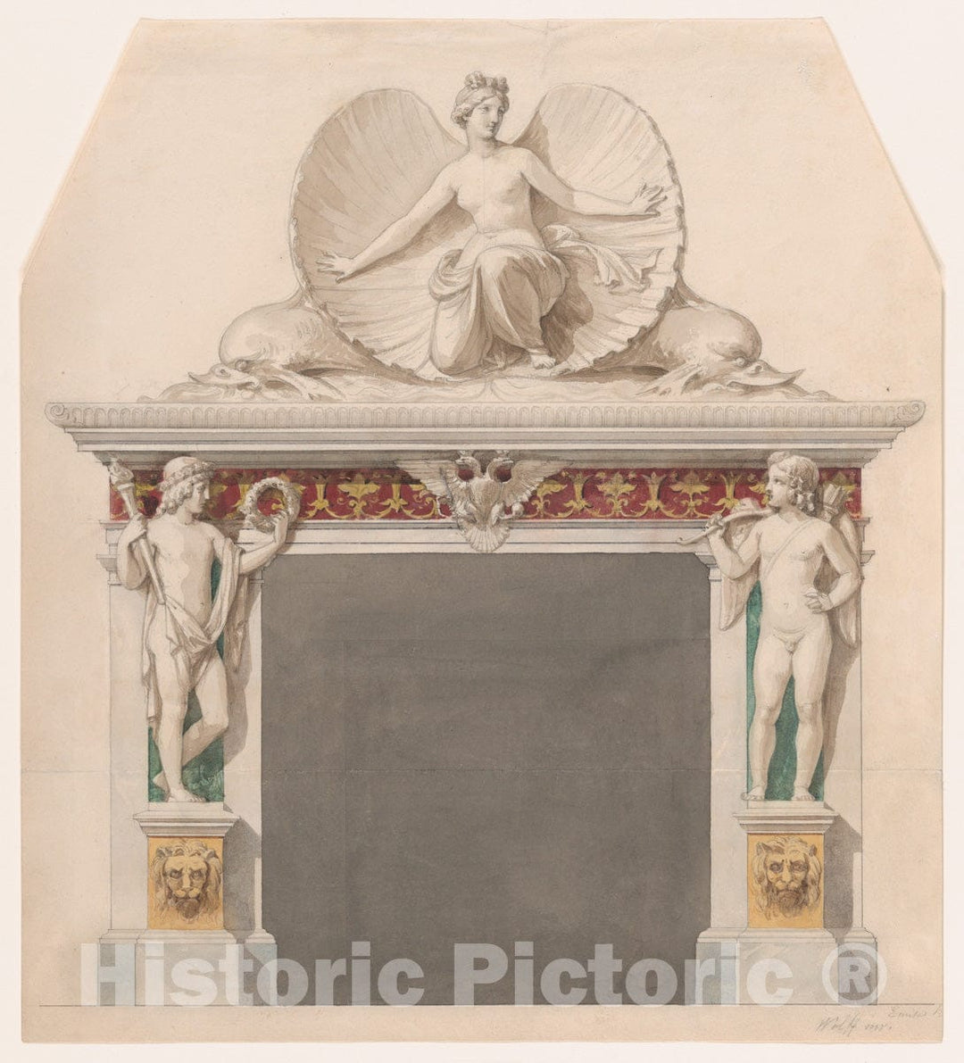 Art Print : Emil Wolff - Design for a Chimney Piece Decorated with Figures of Venus and Cupid : Vintage Wall Art