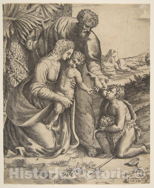 Art Print : Giulio Bonasone - Holy Family with Saint John The Baptist who Kneels at The Right : Vintage Wall Art
