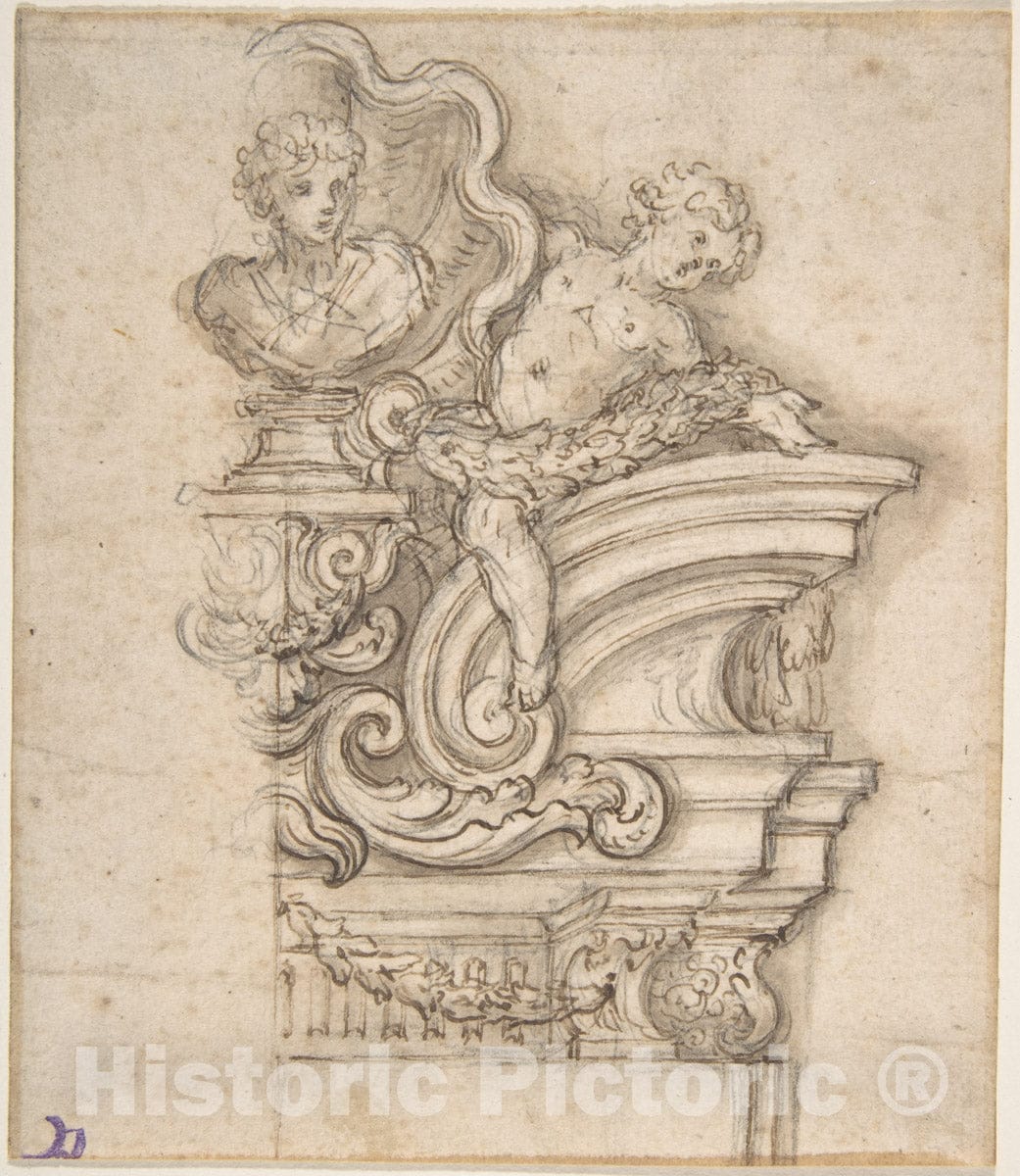 Art Print : Giovanni Battista Foggini - Design for The Right Half of an Overdoor Decoration with a Bust : Vintage Wall Art