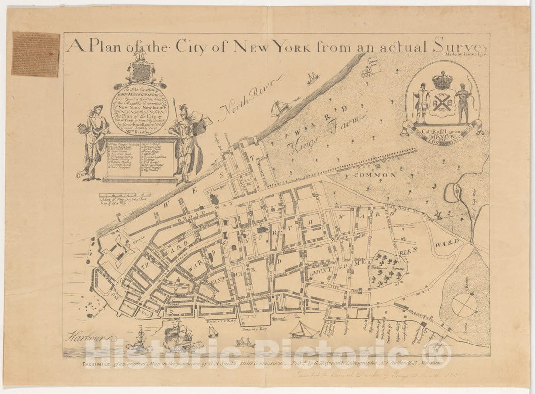 Art Print : James Lyne - A Plan of The City of New York from an Actual Survey Made by James Lyne, 1728 : Vintage Wall Art