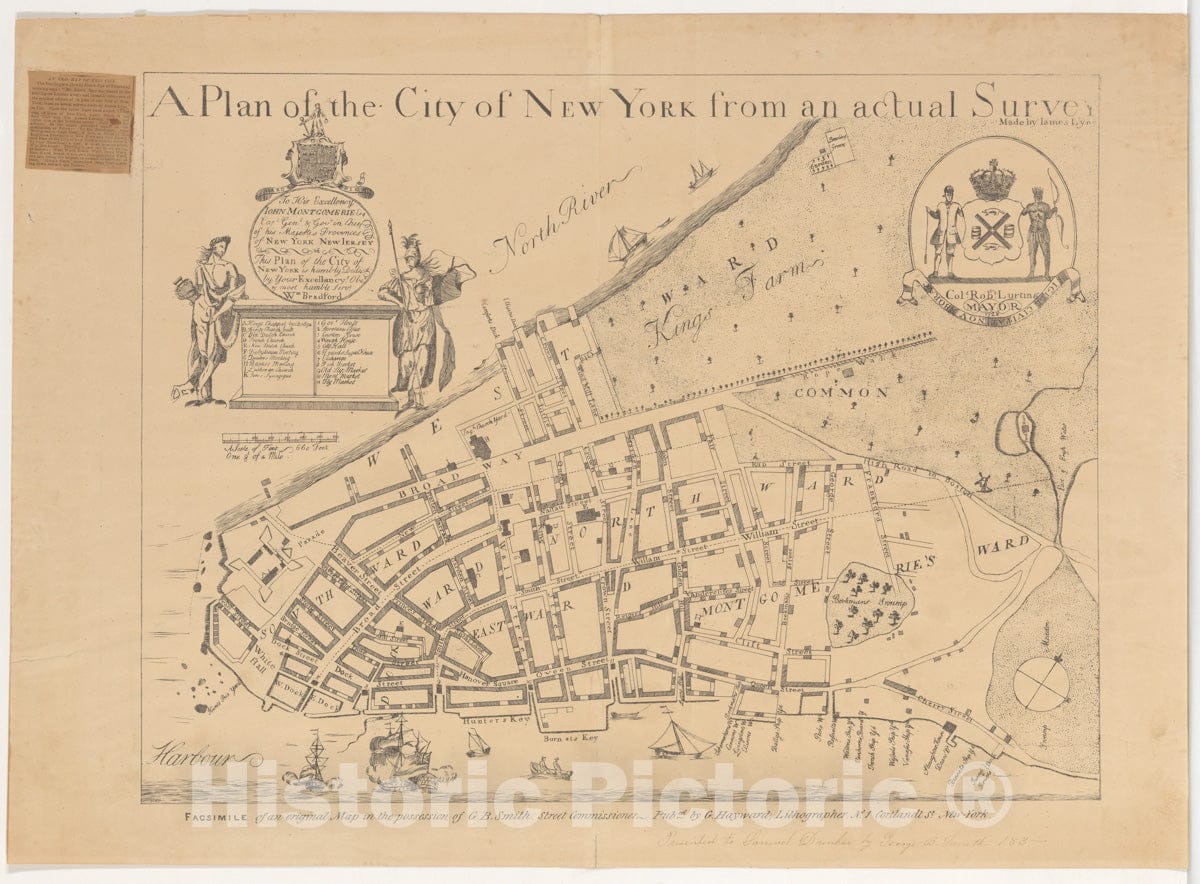 Art Print : James Lyne - A Plan of The City of New York from an Actual Survey Made by James Lyne, 1728 : Vintage Wall Art