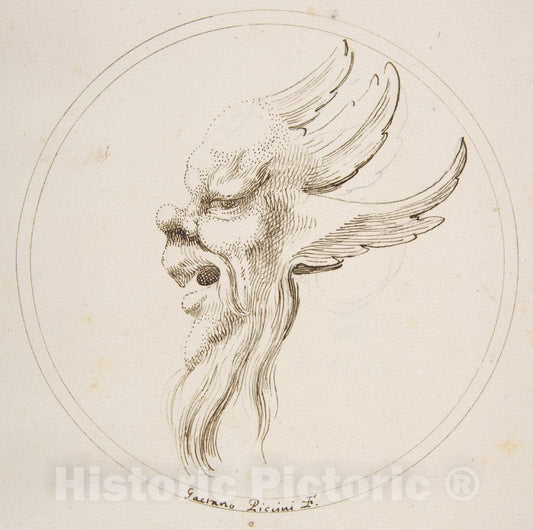 Art Print : Gaetano Piccini - Grotesque Winged and Bearded Head Looking to The Left Within a Circle : Vintage Wall Art