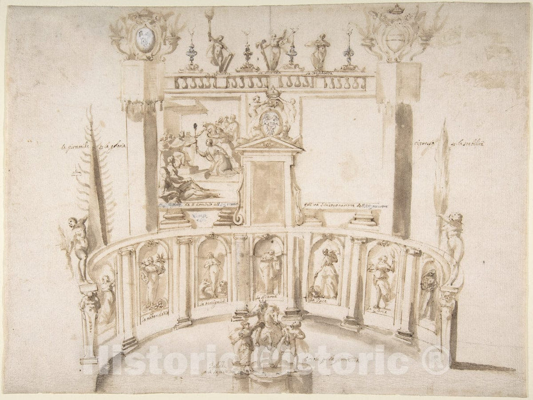 Art Print : Francesco Allegrini - Design for a Garden Fête with a Semi-Circular Wall and Statues in Niches. : Vintage Wall Art