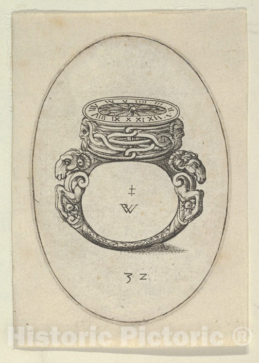 Art Print : Pierre Woeiriot de Bouzey II - Design for a Ring Watch, from Livre d'Aneaux d'Orfevrerie : Vintage Wall Art