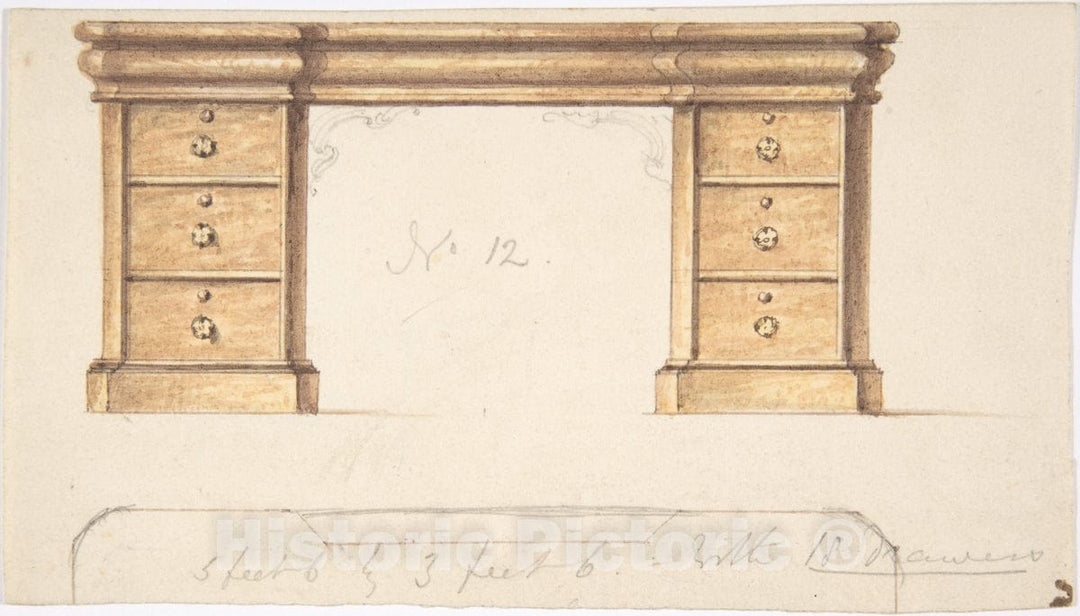 Art Print : British, 19th Century - Design for a Desk with Two Sets of Drawers : Vintage Wall Art
