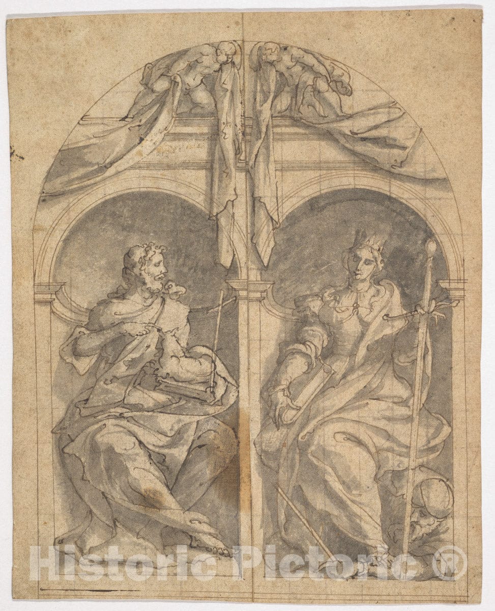 Art Print : Jan Van Scorel - Two Wings of an Altarpiece Depicting Saints John The Baptist and Catherine in Niches Surmounted by Angels : Vintage Wall Art