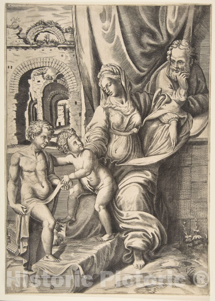 Art Print : Giulio Bonasone - The Holy Family and The Infant John The Baptist : Vintage Wall Art