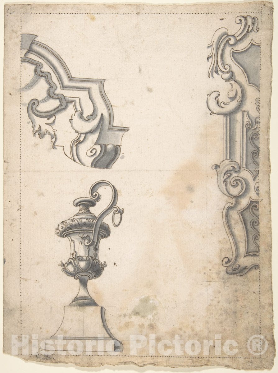 Art Print : Italian, Piedmontese, 18th Century - Designs for Parts of Frames and an Amphora : Vintage Wall Art