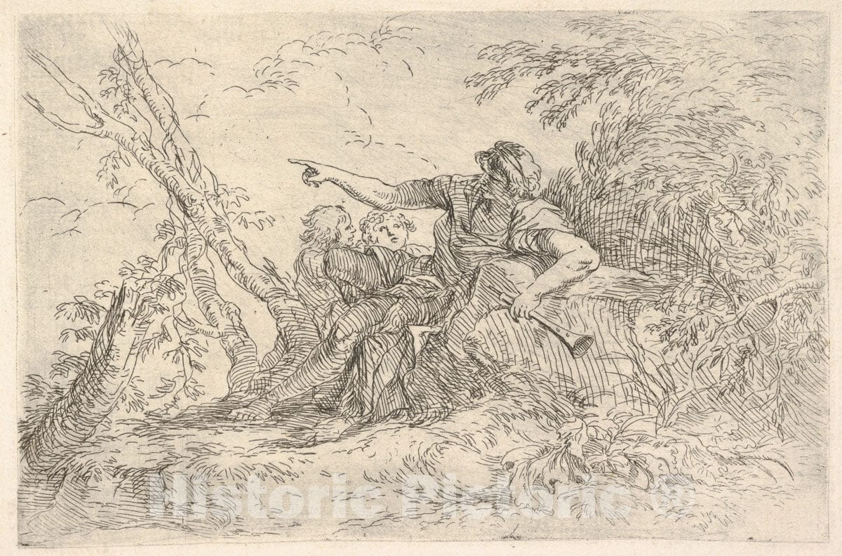 Art Print : Salvator Rosa - Male Figure Holding a Flute Reclining on a Rock and Pointing Over The Heads of Two Children, from 'The Triton Group' : Vintage Wall Art