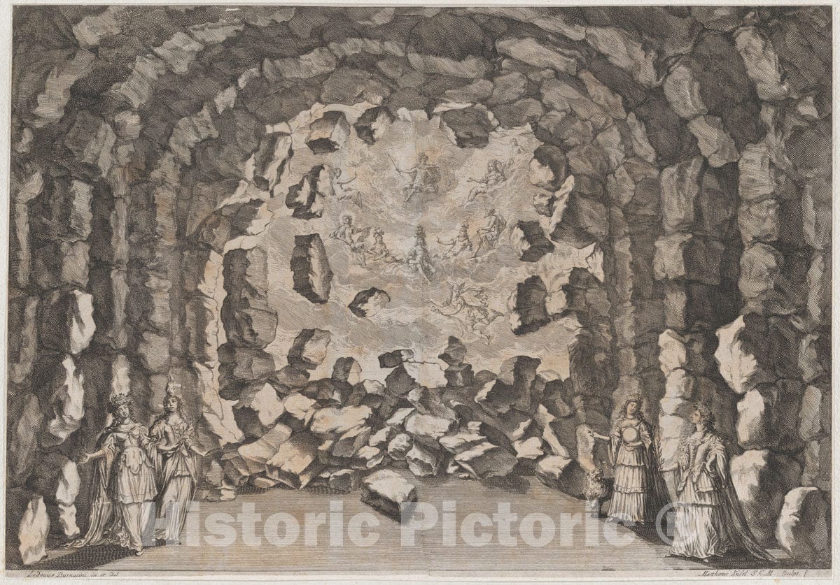 Art Print : A Grotto with Collapsing Rocks - Artist: Ludovico Ottaviano Burnacini - Created: 1678 : Vintage Wall Art