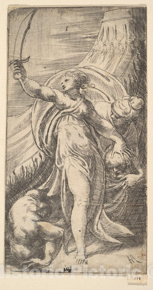 Art Print : Andrea Schiavone (Andrea Meldola) - Judith her Sword Raised in her Right Hand, Placing The Head of Holofernes in The Sack with her Left : Vintage Wall Art