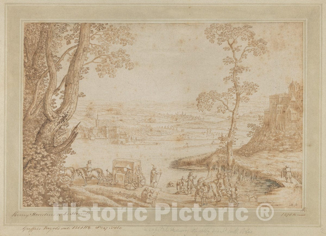 Art Print : Hendrick Hondius I - A River Landscape with The Baptism of The Eunuch : Vintage Wall Art