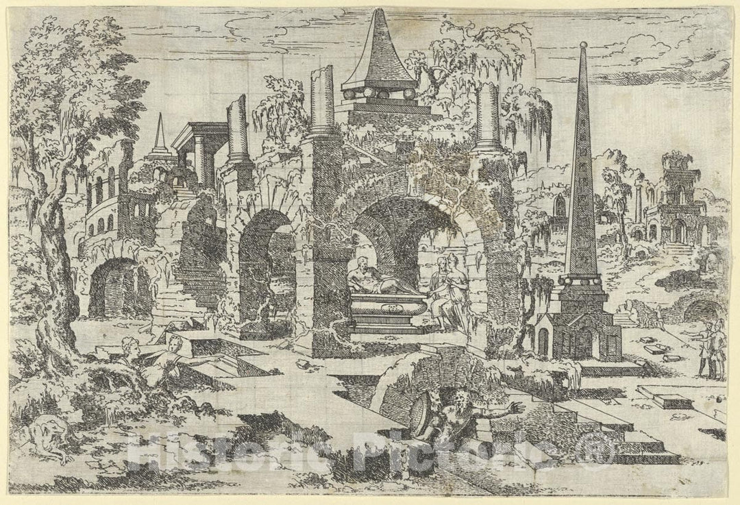 Art Print : Léon Davent - Landscape with Arched Tomb and an Obelisk : Vintage Wall Art