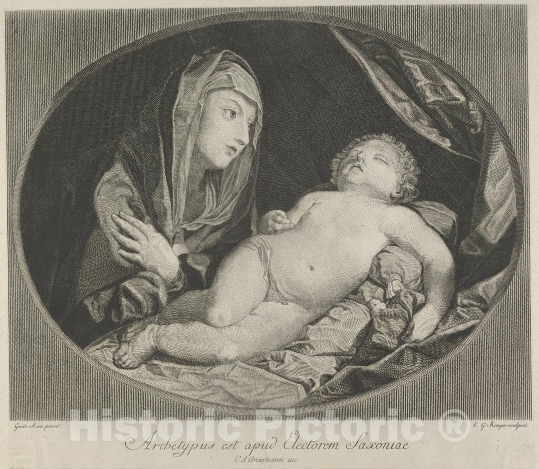 Art Print : Engraved by Ephraim Gottlieb Krüger - The Virgin with arms crossed over her chest looking at the sleeping infant Christ, in an oval frame, after Reni : Vintage Wall Art