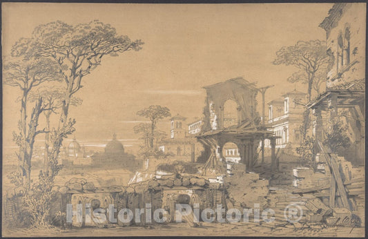 Art Print : Eugène Cicéri - Design for a Stage Set at The Opéra, Paris: Landscape Looking Toward Rome : Vintage Wall Art