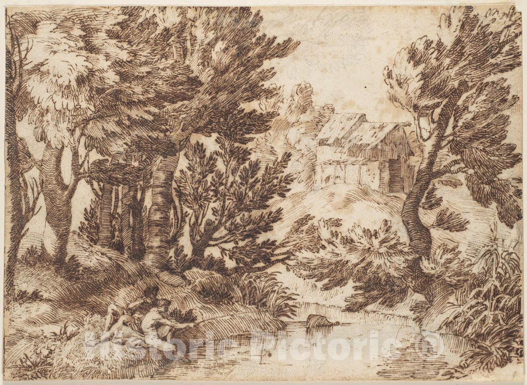 Art Print : Italian, Roman-Bolognese, 17th Century - Landscape with Figure Reclining and Figure Fishing : Vintage Wall Art