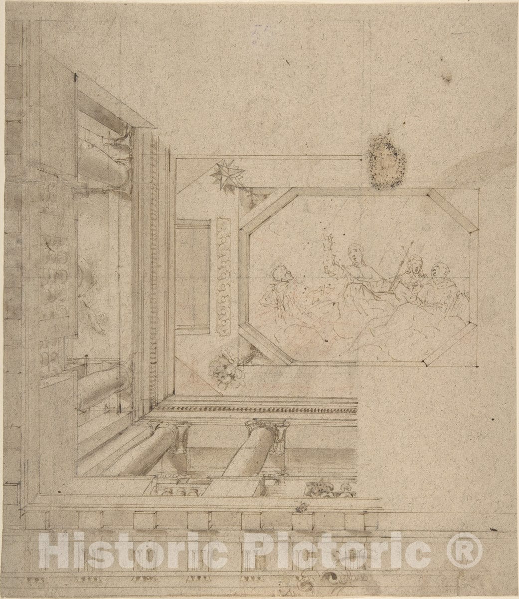 Art Print : Italian, 17th or 18th Century - Architectural Elevation, Part of a Ceiling and Balustrade : Vintage Wall Art