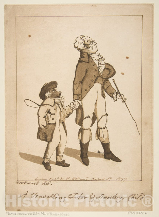 Art Print : George Moutard Woodward - A Travelling Tutor and Monkey Child : Vintage Wall Art