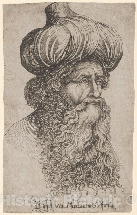 Art Print : Israhel Van Meckenem - Head of an Elderly Man with a Long Beard and Turban : Vintage Wall Art