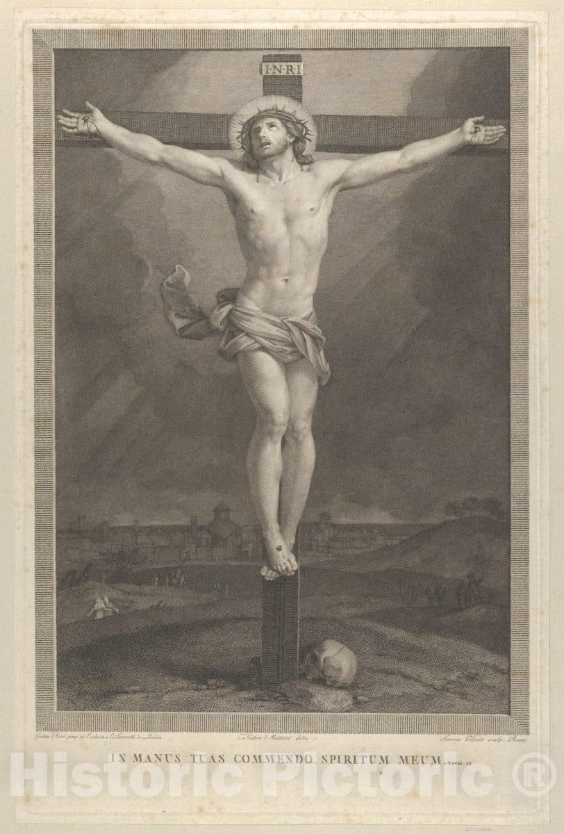 Art Print : Engraved by Giovanni Volpato - Christ Crucified on The Cross, a Skull at The Base, Buildings in The Background, After Reni : Vintage Wall Art