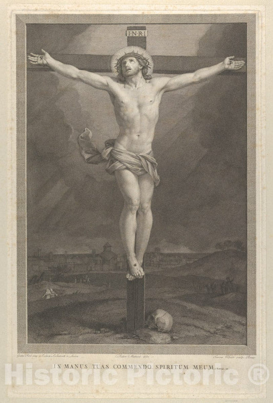 Art Print : Engraved by Giovanni Volpato - Christ Crucified on The Cross, a Skull at The Base, Buildings in The Background, After Reni : Vintage Wall Art