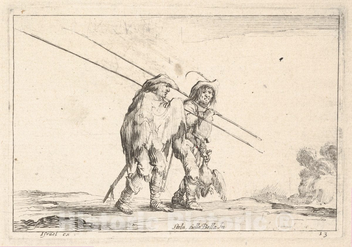 Art Print : Plate 13: Two pikemen Walking Towards The Right - Artist: Stefano Della Bella - Created: 1642 : Vintage Wall Art