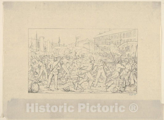 Art Print : Adalbert John Volck - Battle in Baltimore, April 19, 1861 (from Confederate War Etchings) : Vintage Wall Art