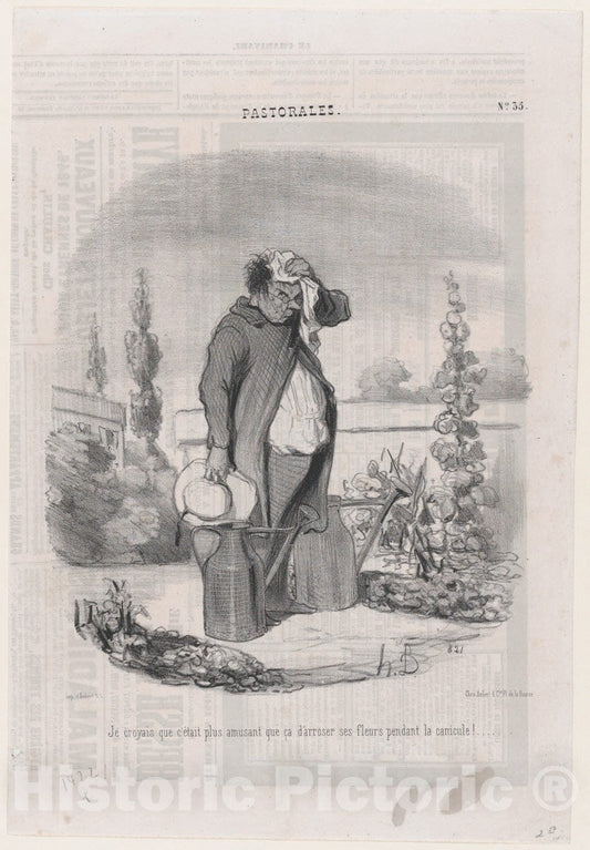 Art Print : Honoré Daumier - I thought it would be more fun than this to water flowers during a heatwave!, from Romance of Country Life, published in Le Charivari : Vintage Wall Art