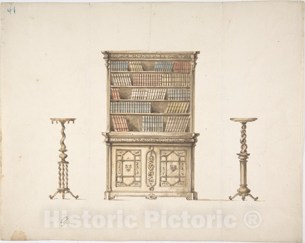 Art Print : British, 19th Century - Design for a Bookcabinet and Two Pedestals (Verso: Sketch) : Vintage Wall Art