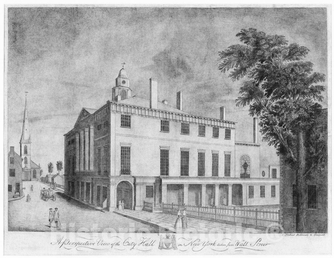 Art Print : Cornelius Tiebout - A Perspective View of The City Hall in New York, Taken from Wall Street : Vintage Wall Art
