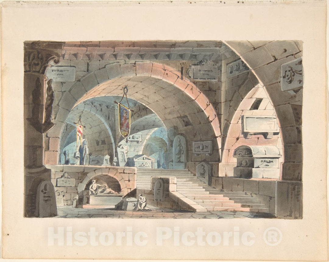 Art Print : Italian, 19th Century - Crypt with a Kneeling Mourner : Vintage Wall Art