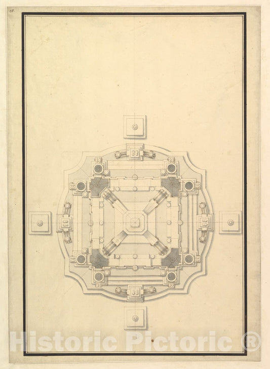 Art Print : Workshop of Giuseppe Galli Bibiena - Ground Plan for a Catafalque : Vintage Wall Art