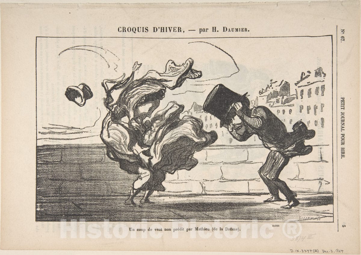 Art Print : Honoré Daumier - Un Coup de Vent Non Prédit par Mathieu (de la Drôme), Plate 1 of Croquis d'Hiver, published in le Petit Journal Pour Rire : Vintage Wall Art