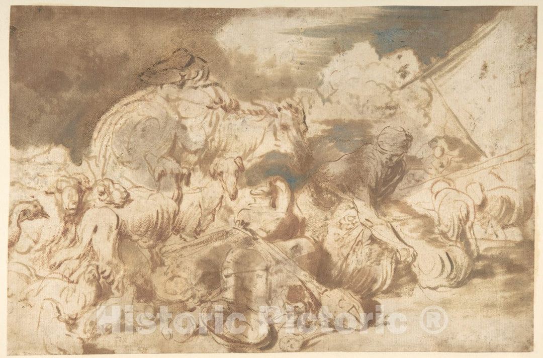 Art Print : Circle of Giovanni Benedetto Castiglione (Il Grechetto) - Animals and Figures Before The Ark : Vintage Wall Art