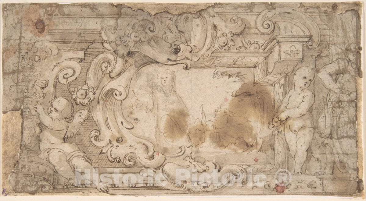 Art Print : Italian, 17th Century - Design for a Cartouche with a Variant : Vintage Wall Art