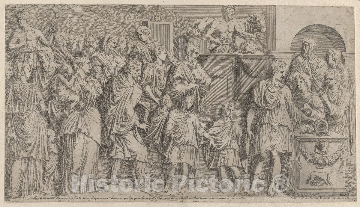 Art Print : Léon Davent - Speculum Romanae Magnificentiae: Emperor Marc Antony Offering a Sacrifice, from a Relief on Antonine's Column : Vintage Wall Art